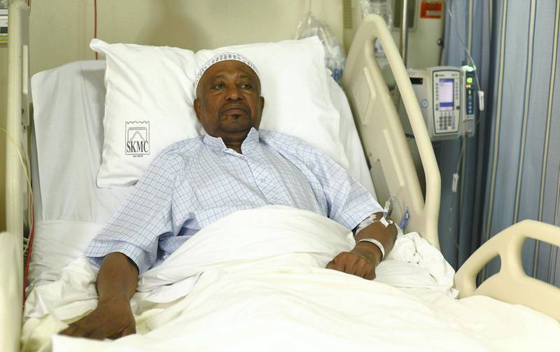 Abu Dhabi, United Arab Emirates - Patient, Khamis Salim AlKhansoori recovering from knee surgery at Sheikh Khalifa Medical Centre. Khushnum Bhandari for The National
