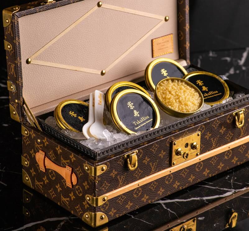 Almas caviar arrives in a Louis Vuitton trunk at Japanese restaurant TakaHisa, part of its Dh10,000 omakase package. Photo: TakaHisa