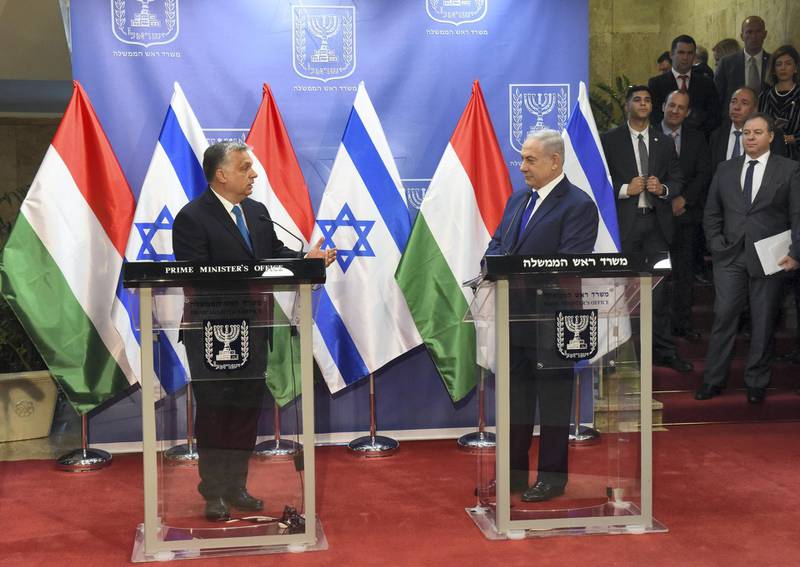 Hungarian Prime Minister Viktor Orban speaks during a joint statment with Israeli Prime Minister Benjamin Netanyahu, at the prime minister's office in Jerusalem,  July 19, 2018.  Debbie Hill/Pool via Reuters - RC13AF3278D0