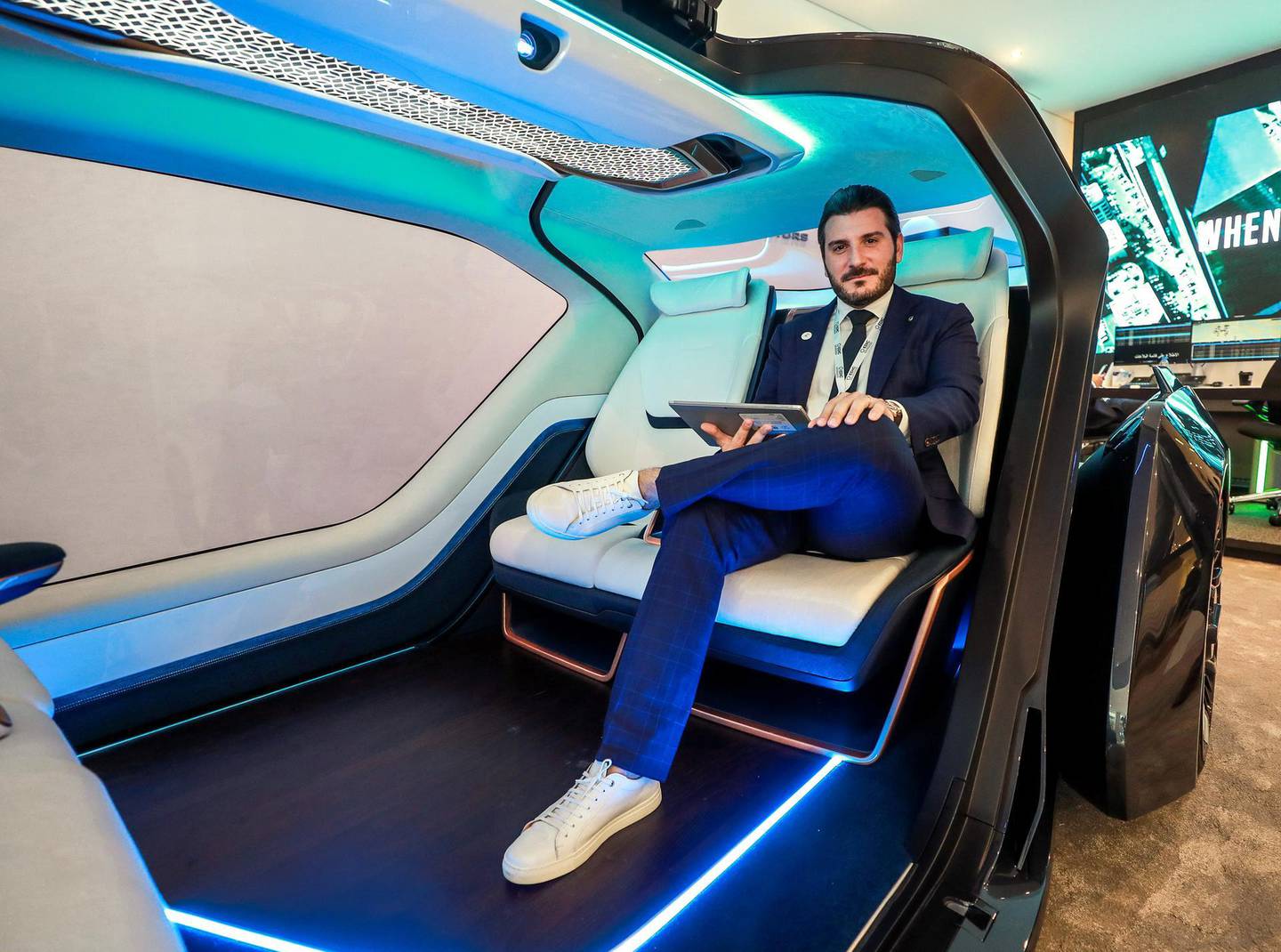 Abu Dhabi, United Arab Emirates, 2/19/19, International Defence Exhibition & Conference 2019 (IDEX) day 3. -- Ralph Debbas, Chairman and CEO, W Motors with the ICONIQ electric vehicle.Victor Besa / The National.Section:  NAReporter:
