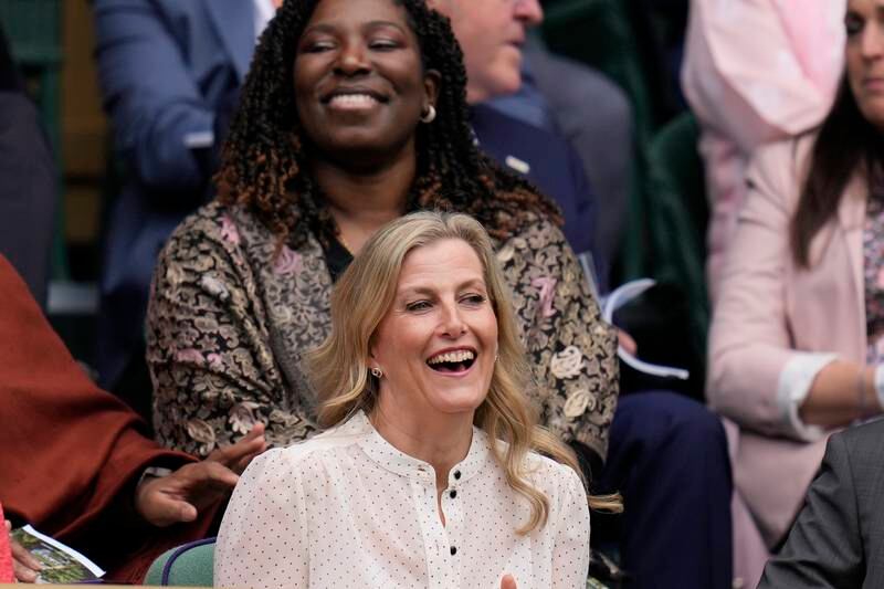 Sophie, Countess of Wessex, watches the women's singles semi finals match between Germany's Angelique Kerber and Australia's Ashleigh Barty on day 10 of the Wimbledon Tennis Championships in London.