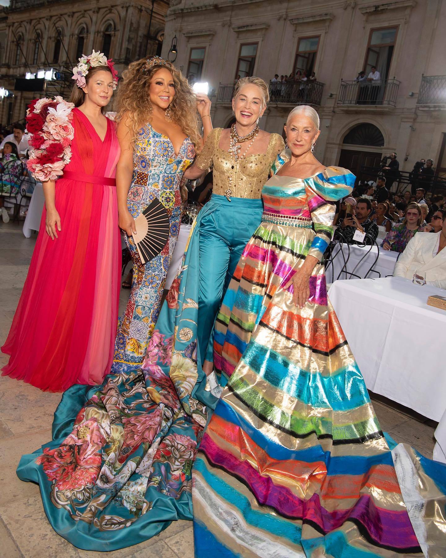 From left, Drew Barrymore, Mariah Carey, Sharon Stone and Helen Mirren at the Dolce & Gabbana Alta Moda autumn/winter 2022 show at Syracuse, Sicily. Photo: Mariah Carey / Instagram