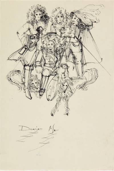 Pen and ink sketch by Mercury depicting the band as 17th-century cavaliers