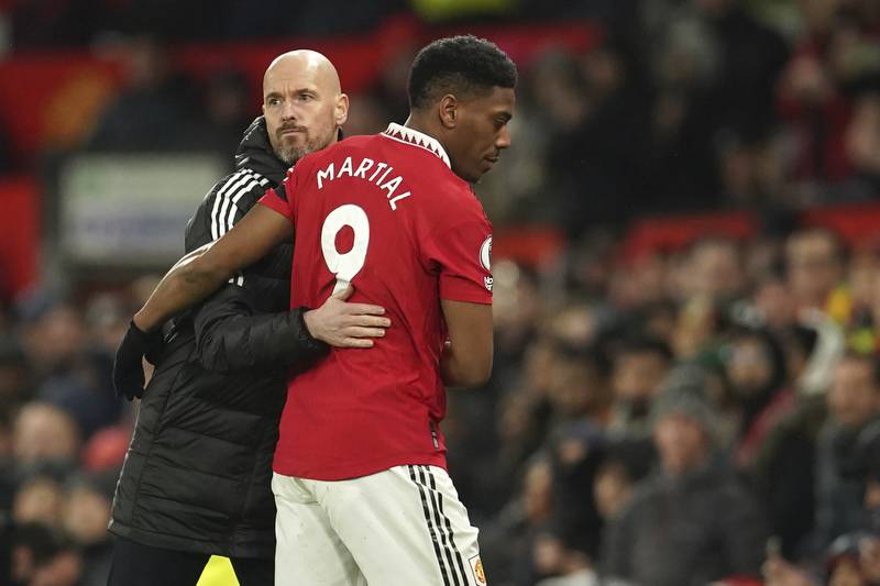 Manchester United coach Erik ten Hag greets Anthony Martial as he is substituted. AP
