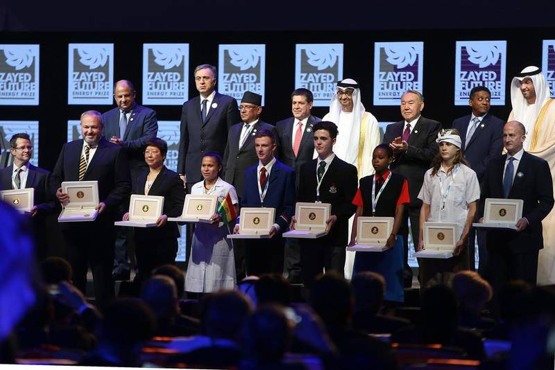 Sheikh Mohammed bin Zayed, Crown Prince of Abu Dhabi and Deputy Supreme Commander of the Armed Forces, and Sultan Al Jaber, the Minister of State, congratulate <a href="http://www.thenational.ae/uae/meet-the-2017-zayed-future-energy-prize-winners">the winners of the Zayed Future Energy Prize.</a> Delores Johnson / The National