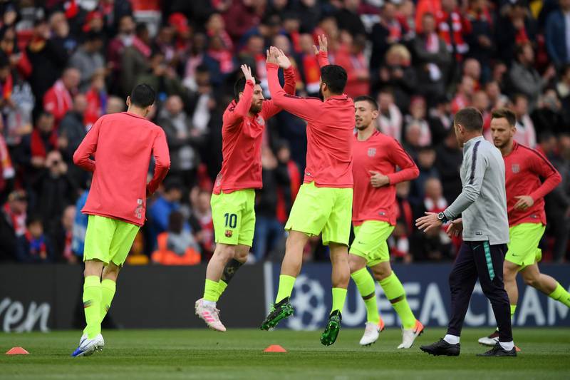 LIVERPOOL, ENGLAND - MAY 07:  Lionel Messi and Luis Suarez of Barcelona warm up prior to the UEFA Champions League Semi Final second leg match between Liverpool and Barcelona at Anfield on May 07, 2019 in Liverpool, England. (Photo by Shaun Botterill/Getty Images)