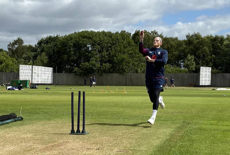 Ben Stokes bowls during an England training session at the Ageas Bowl. Getty