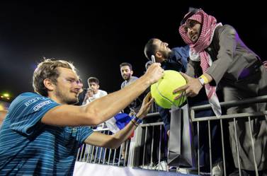 Russian world No 5 Daniil Medvedev signs a tennis ball for a fan at the inaugural Diriyah Tennis Cup held in Saudi Arabia over the weekend. Courtesy photo