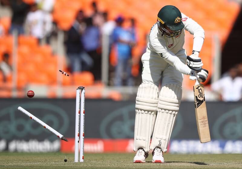 Peter Handscomb is bowled by Mohammed Shami. Getty