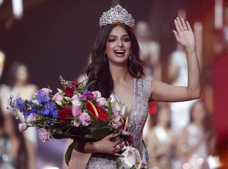 India's Harnaaz Sandhu waves after being crowned Miss Universe 2021 during the 70th Miss Universe pageant in Eilat, Israel. AP Photo