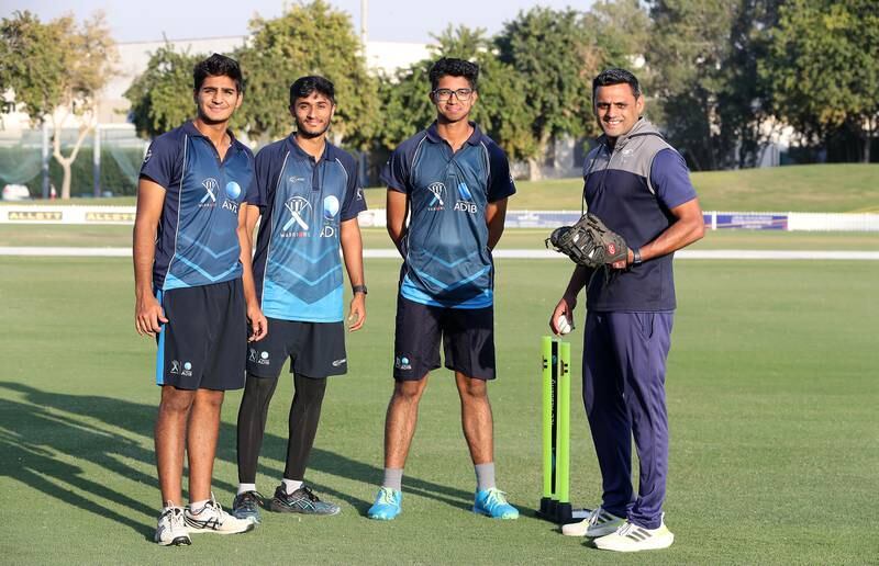 From left: Under-19 players Jash Giyanani, Abhay Katoch, Nilansh Keswani and  ICC Academy coach Qasim Ali in Dubai. All images Pawan Singh / The National  