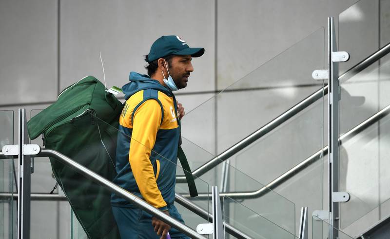 MANCHESTER, ENGLAND - AUGUST 03: Sarfaraz Ahmed of Pakistan arrives during a Pakistan Nets Session at Emirates Old Trafford on August 03, 2020 in Manchester, England. (Photo by Gareth Copley/Getty Images)