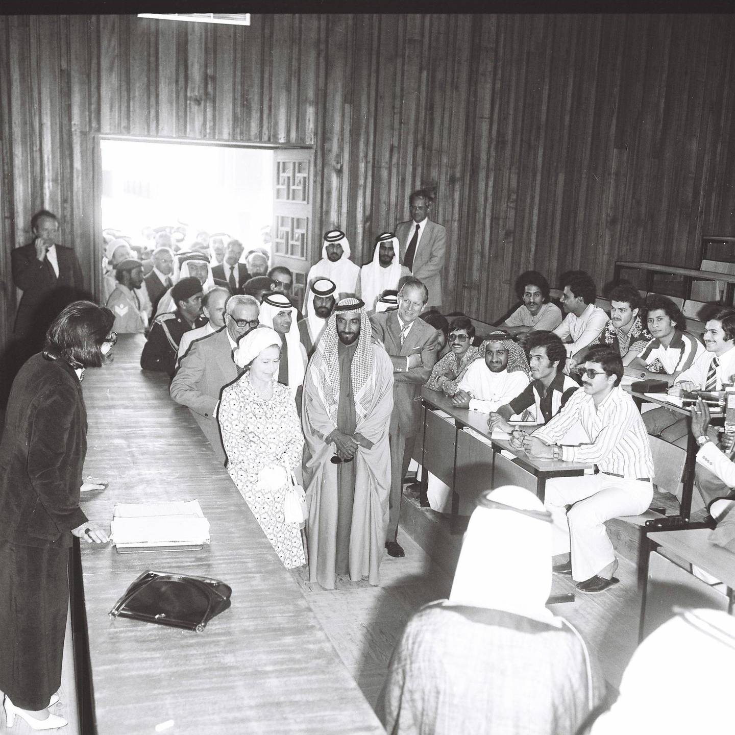Sheikh Zayed and Queen Elizabeth visiting UAE University in Al Ain, 25 Feb, 1979. Courtesy to Al-Ittihad. 