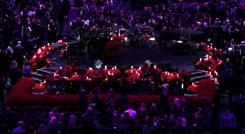 A 24 x 24 foot stage, adorned in red roses, awaits those performers and speakers during the memorial to celebrate the life of Kobe Bryant and daughter Gianna Bryant at Staples Center. USA TODAY Sports