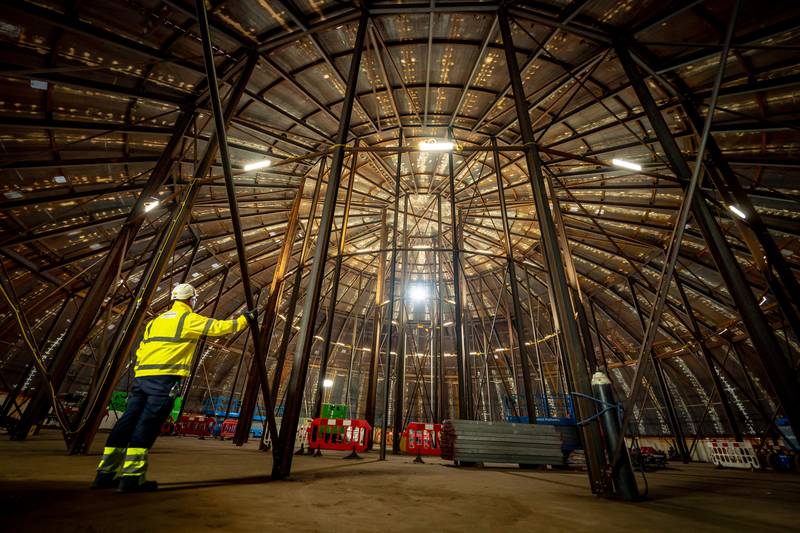 The interior of a welded steel dome that will be placed on top of the nuclear island that houses the reactor at Hinkley Point C power plant near Bridgwater in Somerset. PA