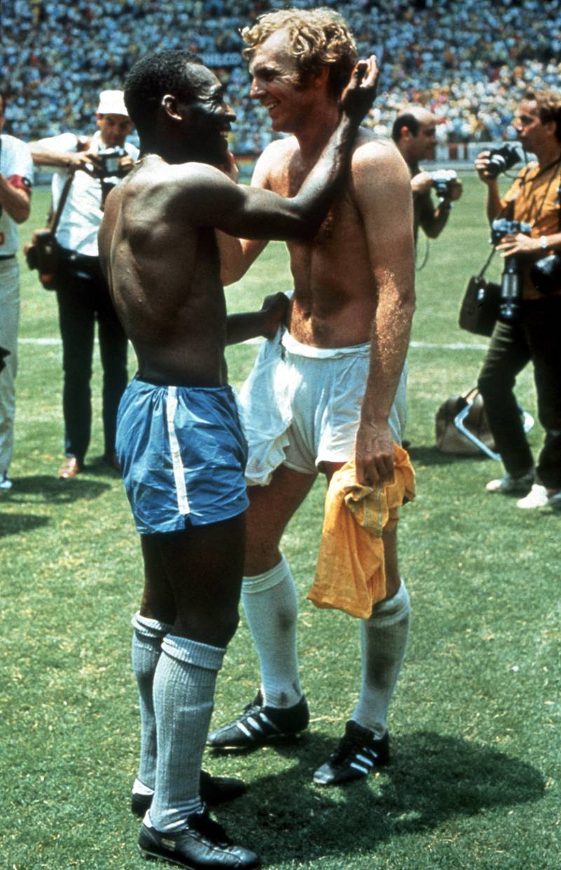 The Brazilian striker and Bobby Moore of England exchange shirts after the World Cup Group C game at the Estadio Jalisco in Guadalajara, Mexico 7 Jun 1970. Brazil won 1-0. Getty Images