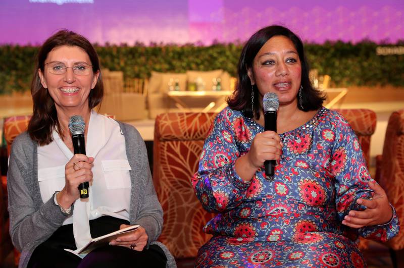 Dubai, United Arab Emirates - October 26th, 2017: Ida Beerhalter (L) (Co head IOME private investment office) and Dimple Sahni (senior director impact investing at Anthos fund and asset management) talk about Financial literacy at the 19TH Global WIL Economic Forum. Thursday, October 26th, 2017 at The Ritz-Carlton, Dubai International Financial Centre, Dubai. Chris Whiteoak / The National