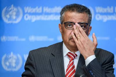 World Health Organization (WHO) Director-General Tedros Adhanom Ghebreyesus attends a daily press briefing on COVID-19, the disease caused by the novel coronavirus, at the WHO heardquaters in Geneva on March 11, 2020. WHO Director-General Tedros Adhanom Ghebreyesus announced on March 11, 2020, that the new coronavirus outbreak can now be characterised as a pandemic. / AFP / Fabrice COFFRINI
