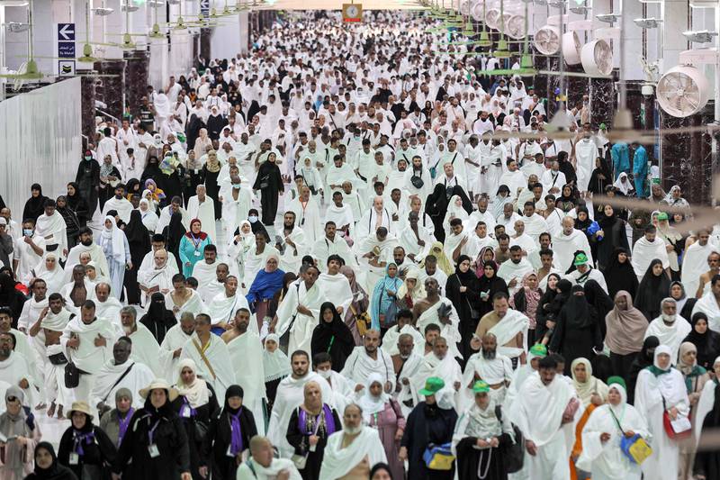Muslim pilgrims performing Umrah walk between the Marwa and Safa hills in Makkah on the first day of Ramadan