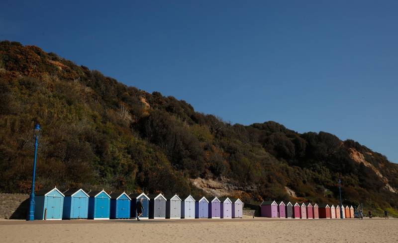 General view of beach huts on Bournemouth beach, in Bournemouth, UK on April 5, 2020. Reuters