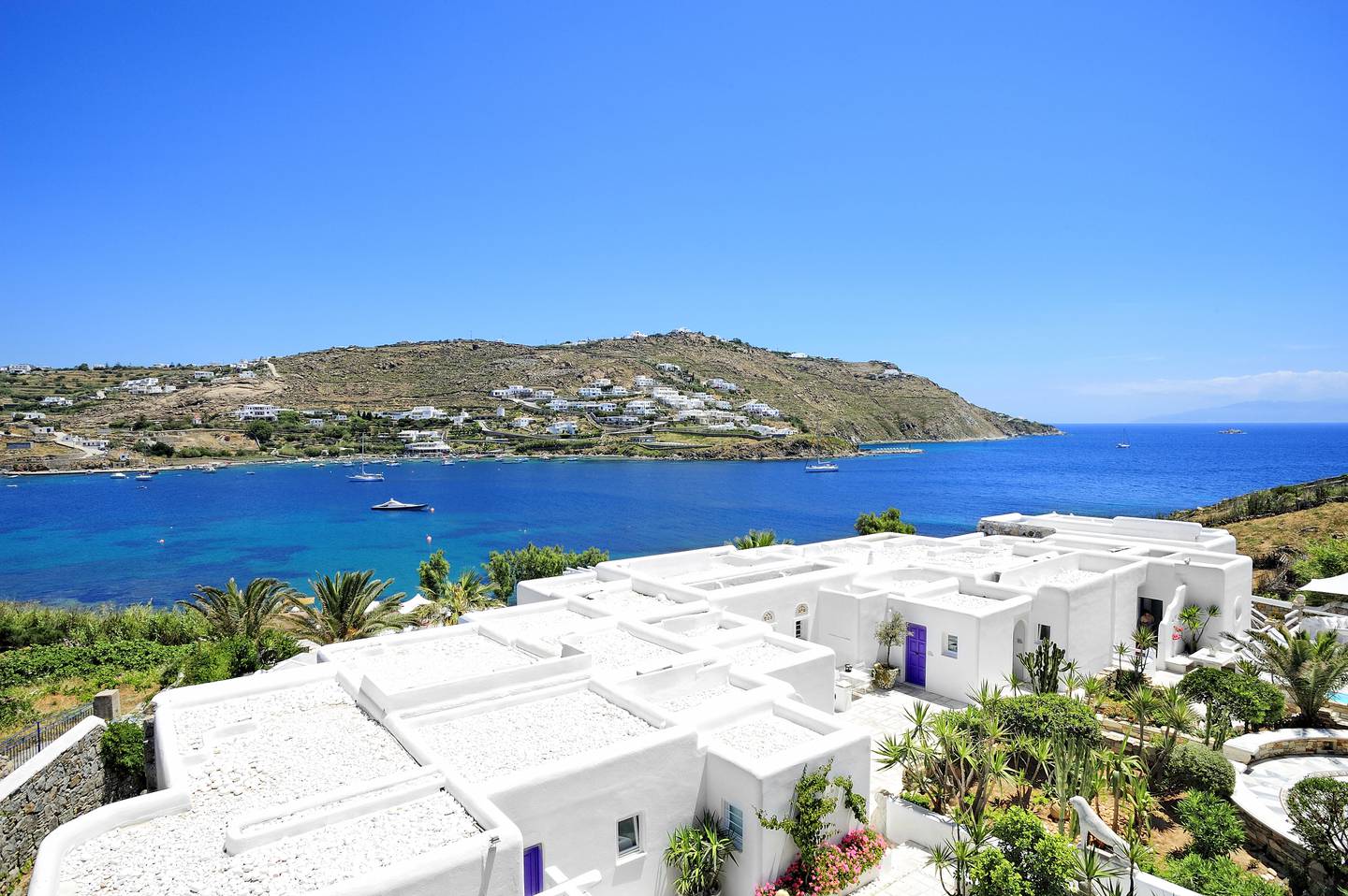The hotel looks out over Ornos Bay. Photo: Kivotos Mykonos
