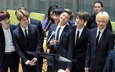 Members of the Korean K-Pop group BTS attend a meeting at the United Nations high level event regarding youth during the 73rd session of the United Nations General Assembly at U.N. headquarters, Monday, Sept. 24, 2018. (AP Photo/Craig Ruttle)