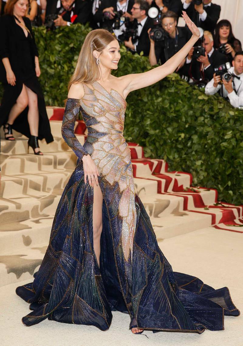Gigi Hadid in stained-glass-style Versace. Reuters