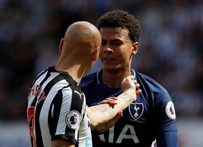 Football Soccer - Premier League - Newcastle United vs Tottenham Hotspur - Newcastle, Britain - August 13, 2017   Newcastle United’s Jonjo Shelvey reacts after stamping on Tottenham's Dele Alli       Action Images via Reuters/Lee Smith  EDITORIAL USE ONLY. No use with unauthorized audio, video, data, fixture lists, club/league logos or "live" services. Online in-match use limited to 45 images, no video emulation. No use in betting, games or single club/league/player publications. Please contact your account representative for further details.