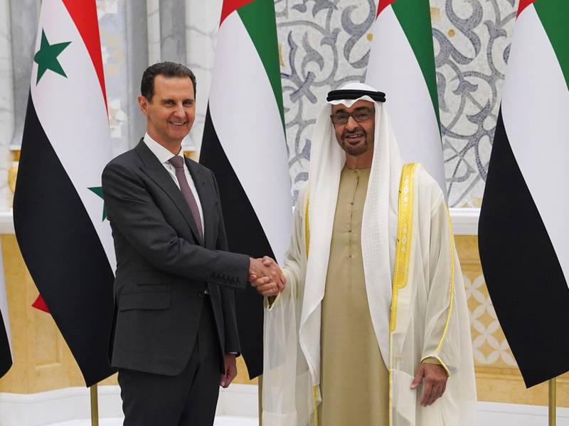 President Sheikh Mohammed and Bashar Al Assad discussed ways to enhance co-operation to accelerate stability and progress in Syria. AP