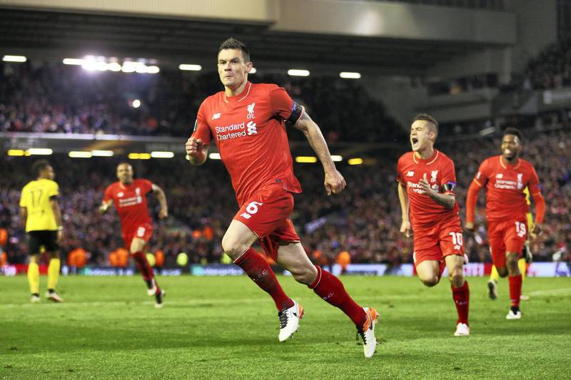 LIVERPOOL, ENGLAND - APRIL 14:  Dejan Lovren of Liverpool celebrates scoring his team's fourth goal during the UEFA Europa League quarter final, second leg match between Liverpool and Borussia Dortmund at Anfield on April 14, 2016 in Liverpool, United Kingdom.  (Photo by Clive Brunskill/Getty Images)