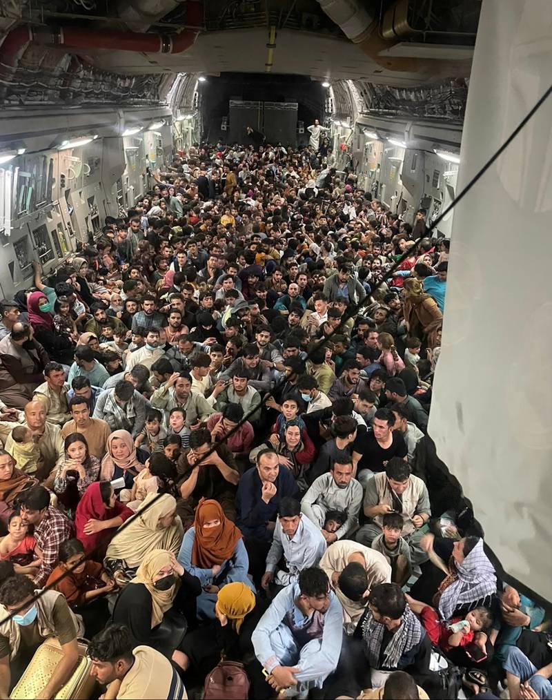 A US Air Force C-17 Globemaster III transport aircraft filled with about 640 Afghans fleeing to Qatar from Kabul, Afghanistan.