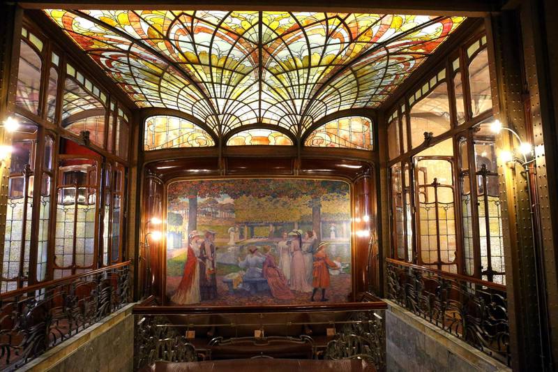 View of the painting over the staircase in Hotel Solvay, an Art Nouveau house designed by Victor Horta, in Brussels, on January 27, 2021. - Still owned by the Wittamer family, this Art Nouveau masterpiece now opens to the public 2 days a week following a public-private partnership. (Photo by François WALSCHAERTS / AFP) / RESTRICTED TO EDITORIAL USE - TO ILLUSTRATE THE EVENT AS SPECIFIED IN THE CAPTION