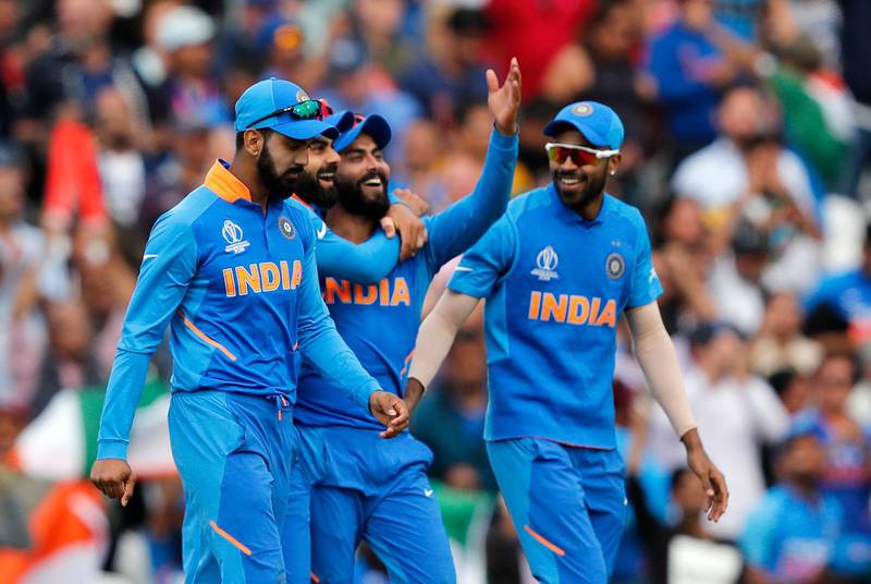India's Ravindra Jadeja celebrates with teammates after catching during the Cricket World Cup match between India and Australia at the Oval in London, Sunday, June 9, 2019.(AP Photo/Frank Augstein)