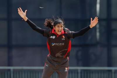 Mahika Gaur of UAE celebrates the wicket of Sabbineni Meghana of India during the Women’s T20 Asia Cup 2022 cricket match at the Sylhet Outer Cricket Stadium, Sylhet, Bangladesh on October 4, 2022.