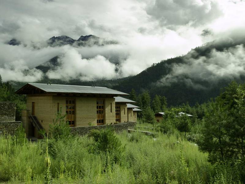 Like all the Amankora lodges, the Paro property was designed by Kerry Hill and features rammed-earth walls. Courtesy Aman