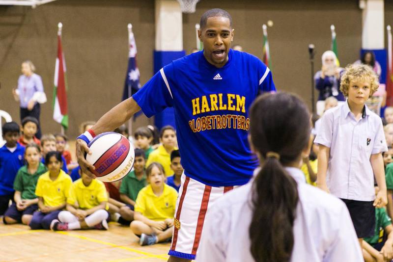 Cheese from the Harlem Globetrotters presents their ABC anti-bullying campaign, which will be spread to a number of schools during the goodwill visit to Dubai.  Reem Mohammed / The National