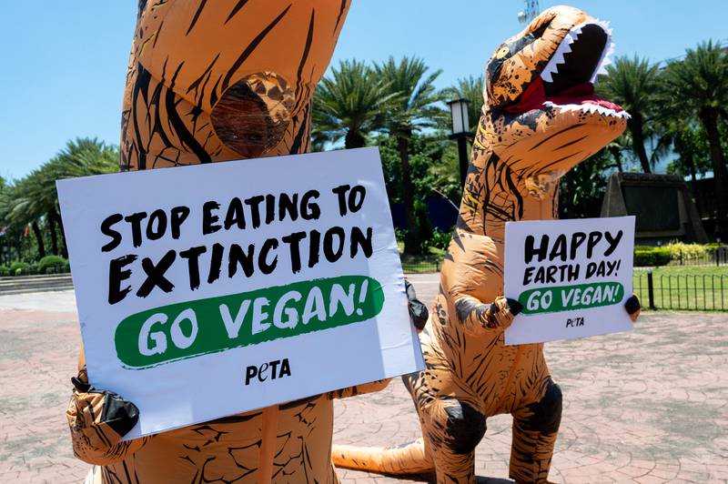Animal rights activists from Peta in dinosaur costumes hold placards urging people to go vegan in Manila, Philippines. Reuters