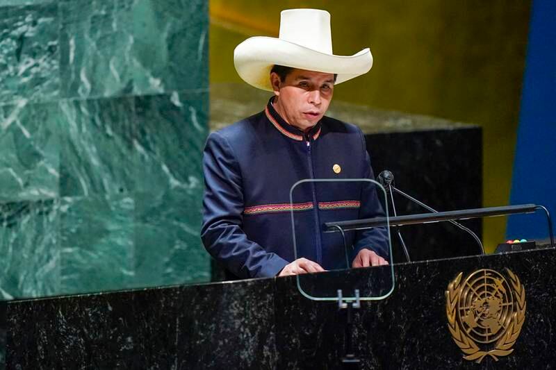 Peruvian President Pedro Castillo speaks at the assembly.  AP Photo
