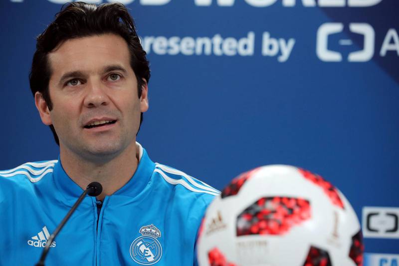 Abu Dhabi, United Arab Emirates - December 21, 2018: Manager of Real Madrid Santiago Solari speaks to the press ahead of the Fifa Club World Cup final. Friday the 21st of December 2018 at the Zayed Sports City Stadium, Abu Dhabi. Chris Whiteoak / The National
