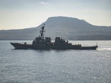 The guided-missile destroyer USS Carney in Souda Bay, Greece.  The American warship and multiple commercial ships came under attack Sunday, December 3, 2023 in the Red Sea, the Pentagon said, potentially marking a major escalation in a series of maritime attacks in the Mideast linked to the Israel-Gaza war. US Navy / AP