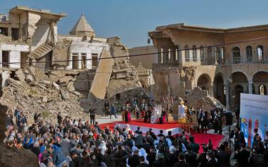 Pope Francis speaks near the ruins of Al Tahera Church in Mosul’s Old City on March 7. AFP
