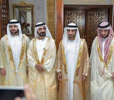 Sheikh Mohammed bin Rashid, Vice President and Ruler of Dubai, with his newly married sons Sheikh Maktoum, Sheikh Hamdan and Sheikh Ahmed.