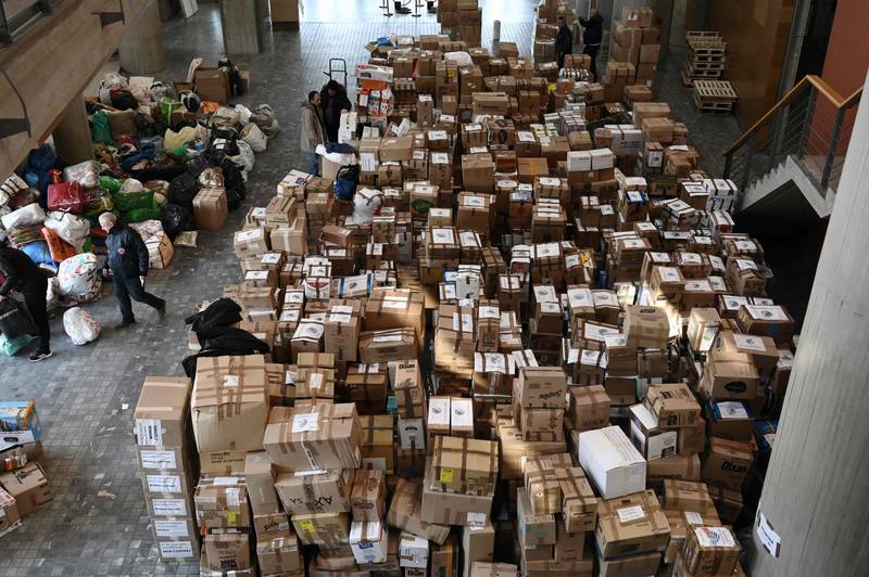 Hundreds of boxes with relief aid are gathered at the municipality of Thessaloniki, in Greece. AFP