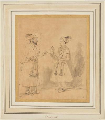 Shah Jahan and Dara Shikoh; Rembrandt Harmensz. van Rijn (Dutch, 1606 - 1669); 1654 to 1656; Brown ink and gray wash with scratchwork; 21.3 Ã— 17.8 cm (8 3/8 Ã— 7 in.); 85.GA.44