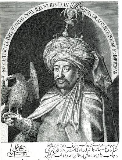 An etching from 1605 of the Persian Ambassador to Prague, Mechti Kuli Beg, pictured holding his pet falcon. Courtesy British Museum