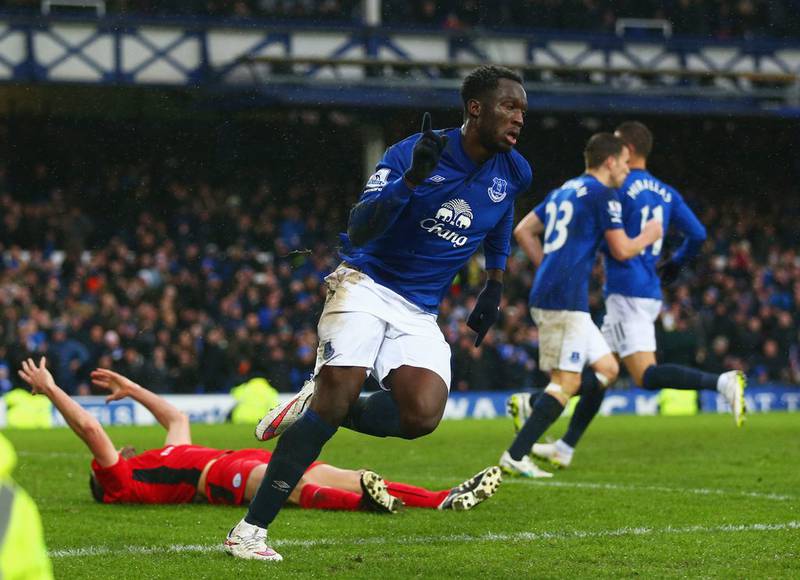 Romelu Lukaku celebrates after Leicester City's Matthew Upson scored an own goal against Everton during a 2-2 Premier League draw in February 2015. Getty  