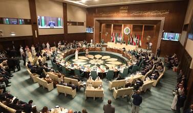 General view of the Arab League foreign ministers emergency meeting in Cairo, Egypt, 07 May 2023.  Foreign ministers of the Arab League attended an emergent meeting over Sudan and Syria.   EPA / KHALED ELFIQI