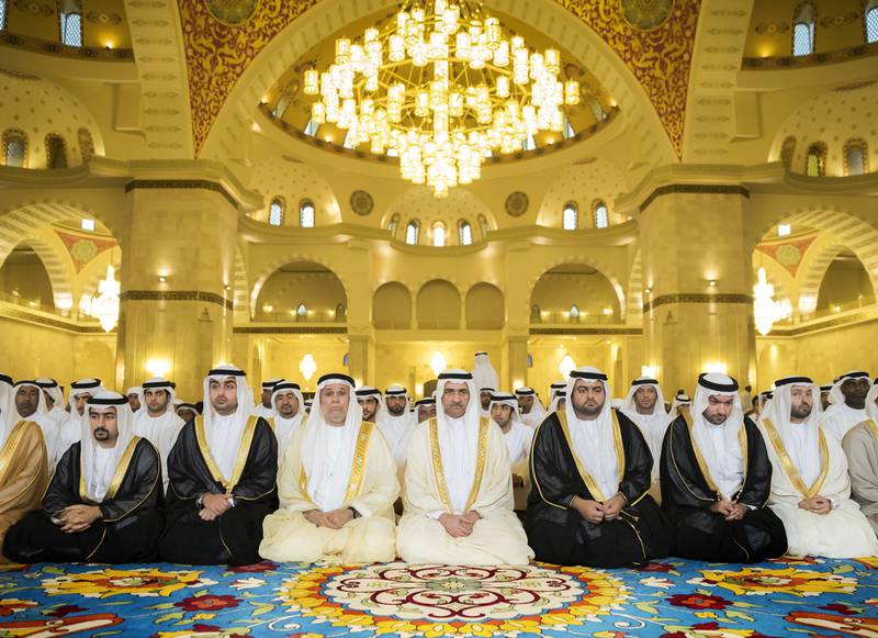 Sheikh Hamad bin Mohammed Al Sharqi, the Ruler of Fujairah, leads Eid Al Fitr prayers at the new Sheikh Zayed Mosque in the emirate. WAM