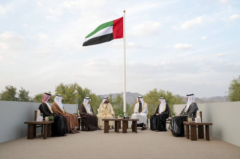 From left: Sheikh Ammar bin Humaid Al Nuaimi, Crown Prince of Ajman, Sheikh Sultan bin Mohammed Al Qasimi, Crown Prince and Deputy Ruler of Sharjah, Sheikh Saud bin Rashid Al Mualla, Ruler of Umm Al Quwain, Sheikh Mohammed bin Rashid, Vice President and Ruler of Dubai, Sheikh Mohamed bin Zayed, Crown Prince of Abu Dhabi and Deputy Supreme Commander of the Armed Forces, Sheikh Hamad bin Mohammed Al Sharqi, Ruler of Fujairah and Sheikh Saud bin Saqr Al Qasimi, Ruler of Ras Al Khaimah, attend the Federal Supreme Council meeting, at the Sheikh Rashid Palace in Hatta, Dubai, on Thursday. Photo: Mohamed Al Hammadi / Ministry of Presidential Affairs