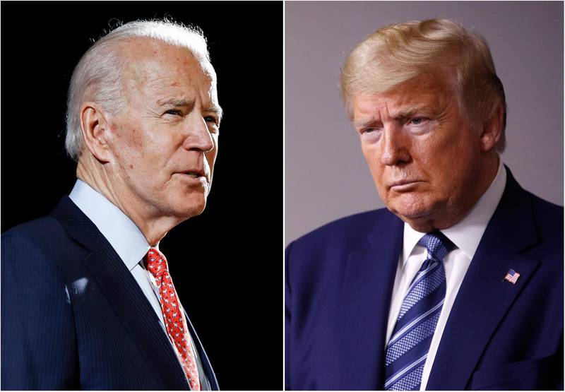 FILE - In this combination of file photos, former Vice President Joe Biden, left, speaks in Wilmington, Del., on March 12, 2020, and President Donald Trump speaks at the White House in Washington on April 5, 2020. Some of the countryâ€™s major sports betting companies are running contests in which participants predict things that will happen or be said during the presidential debate, Tuesday, Sept. 29, 2020, for the chance to win money. (AP Photo/File)
